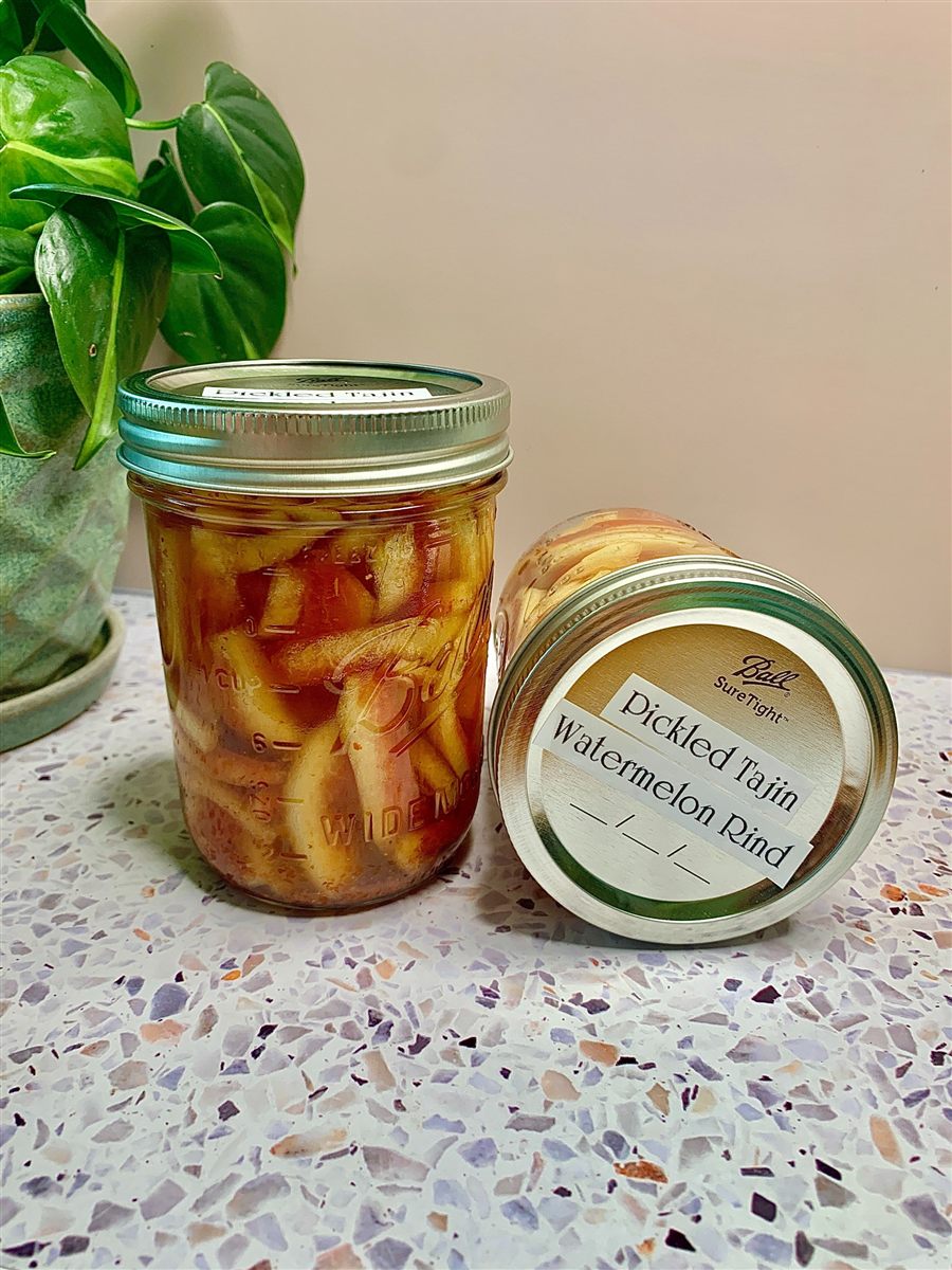 A jar of pickled watermelon rind.